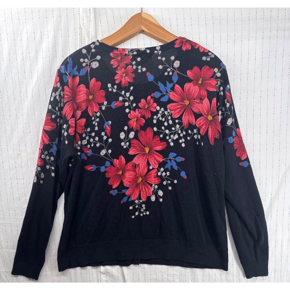 Vintage Cathy Daniels Womens Cardigan Sz XL Black/Red Floral Cottage Fairy Boho - Picture 2 of 9
